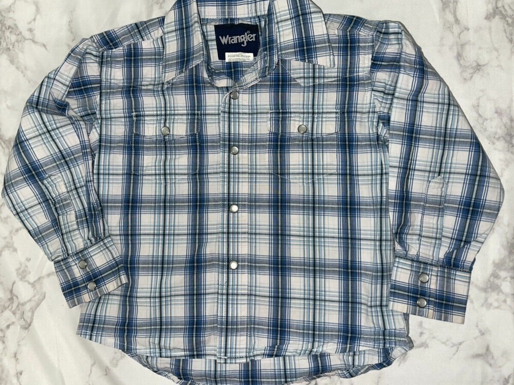 Wrangler Shirt Boys 3-4 Blue Western Plaid Pearl Snap Long Sleeve Top